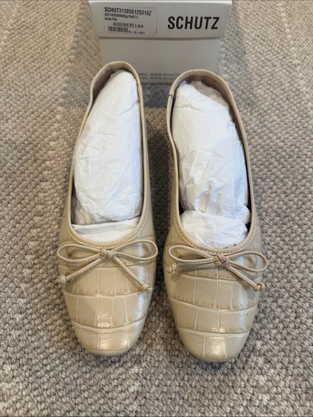 SCHUTZ Cream Croc-Embossed Bow Ballet Flats 7.5